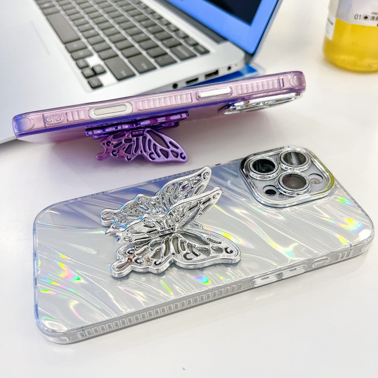 For iPhone 16 Plus Plating Glitter Texture Butterfly Holder TPU Phone Case with Lens Film(Pink Feathers) - iPhone 16 Plus Cases by buy2fix | Online Shopping UK | buy2fix