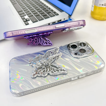 For iPhone 16 Plus Plating Glitter Texture Butterfly Holder TPU Phone Case with Lens Film(Pink Water Ripples) - iPhone 16 Plus Cases by buy2fix | Online Shopping UK | buy2fix