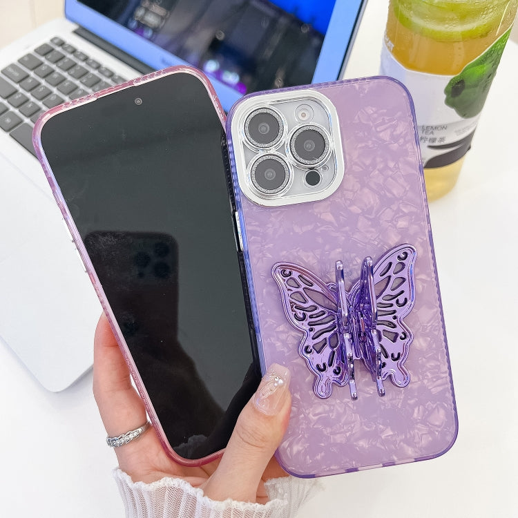 For iPhone 16 Plating Glitter Texture Butterfly Holder TPU Phone Case with Lens Film(Purple Wrinkles) - iPhone 16 Cases by buy2fix | Online Shopping UK | buy2fix