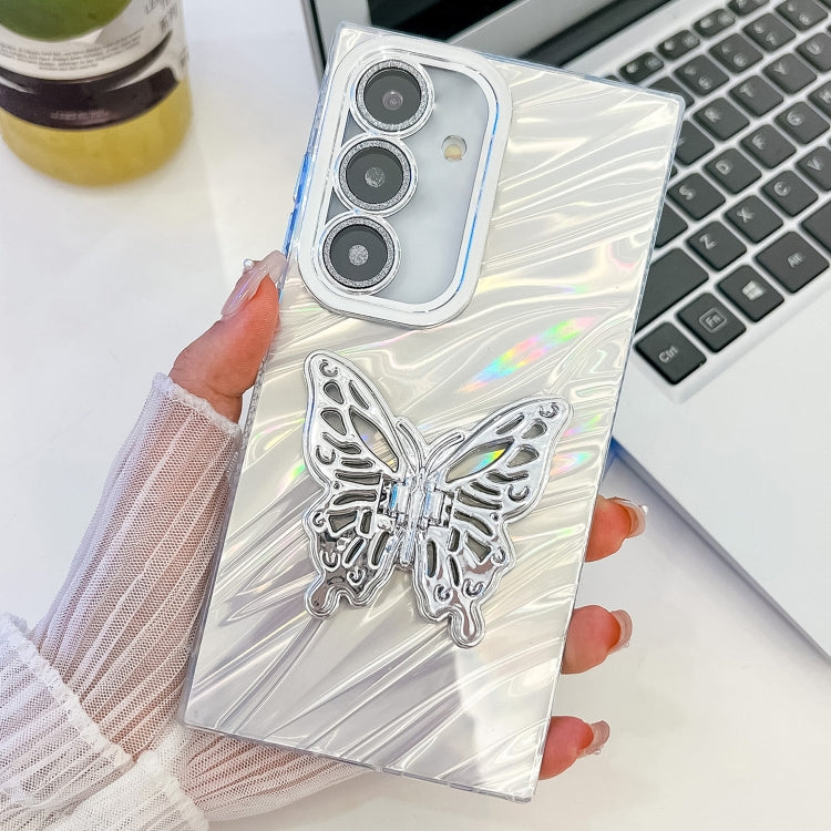 For Samsung Galaxy S25 5G Plating Glitter Texture Butterfly Holder TPU Phone Case with Lens Film(White Water Ripples) - Galaxy S25 5G Cases by buy2fix | Online Shopping UK | buy2fix