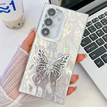 For Samsung Galaxy S25 5G Plating Glitter Texture Butterfly Holder TPU Phone Case with Lens Film(White Wrinkles) - Galaxy S25 5G Cases by buy2fix | Online Shopping UK | buy2fix