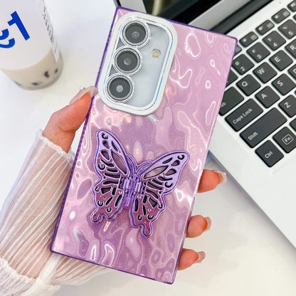 For Samsung Galaxy S25 5G Plating Glitter Texture Butterfly Holder TPU Phone Case with Lens Film(Purple Wrinkles) - Galaxy S25 5G Cases by buy2fix | Online Shopping UK | buy2fix