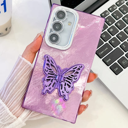 For Samsung Galaxy S25 5G Plating Glitter Texture Butterfly Holder TPU Phone Case with Lens Film(Purple Tinfoil Texture) - Galaxy S25 5G Cases by buy2fix | Online Shopping UK | buy2fix