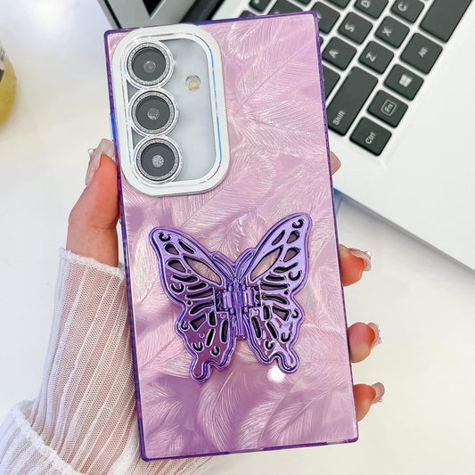 For Samsung Galaxy S25+ 5G Plating Glitter Texture Butterfly Holder TPU Phone Case with Lens Film(Purple Feathers) by buy2fix