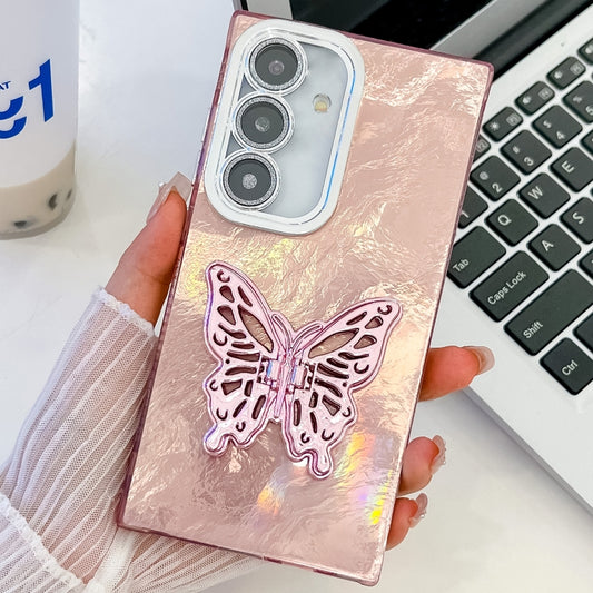 For Samsung Galaxy S25+ 5G Plating Glitter Texture Butterfly Holder TPU Phone Case with Lens Film(Pink Tinfoil Texture) by buy2fix