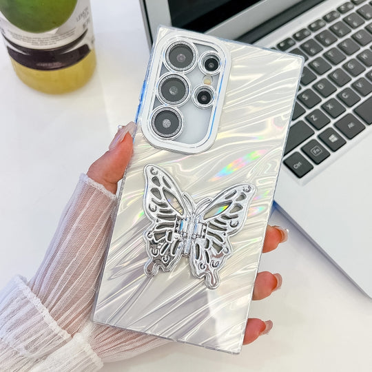 For Samsung Galaxy S25 Ultra 5G Plating Glitter Texture Butterfly Holder TPU Phone Case with Lens Film(White Water Ripples)