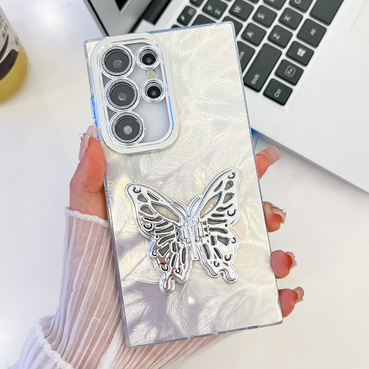 For Samsung Galaxy S25 Ultra 5G Plating Glitter Texture Butterfly Holder TPU Phone Case with Lens Film(White Feathers) - Galaxy S25 Ultra 5G Cases by buy2fix | Online Shopping UK | buy2fix