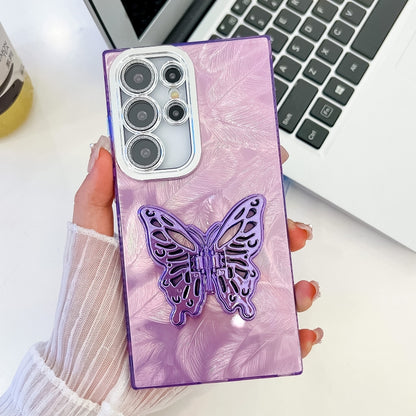 For Samsung Galaxy S25 Ultra 5G Plating Glitter Texture Butterfly Holder TPU Phone Case with Lens Film(Purple Feathers) - Galaxy S25 Ultra 5G Cases by buy2fix | Online Shopping UK | buy2fix