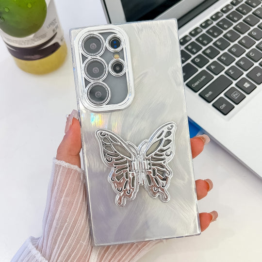 For Samsung Galaxy S25 Ultra 5G Plating Glitter Texture Butterfly Holder TPU Phone Case with Lens Film(White Feather Yarn)
