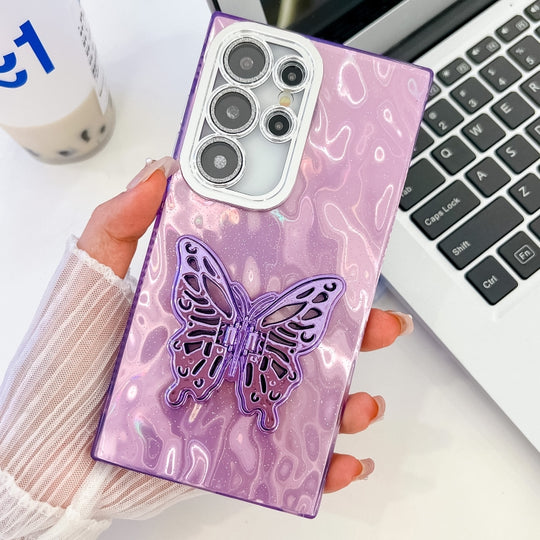 For Samsung Galaxy S25 Ultra 5G Plating Glitter Texture Butterfly Holder TPU Phone Case with Lens Film(Purple Wrinkles)