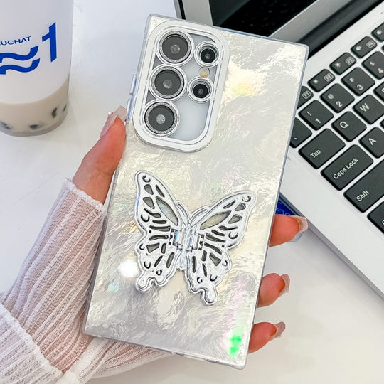 For Samsung Galaxy S25 Ultra 5G Plating Glitter Texture Butterfly Holder TPU Phone Case with Lens Film(White Tinfoil Texture)