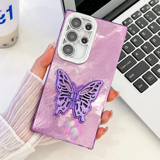 For Samsung Galaxy S25 Ultra 5G Plating Glitter Texture Butterfly Holder TPU Phone Case with Lens Film(Purple Tinfoil Texture) - Galaxy S25 Ultra 5G Cases by buy2fix | Online Shopping UK | buy2fix