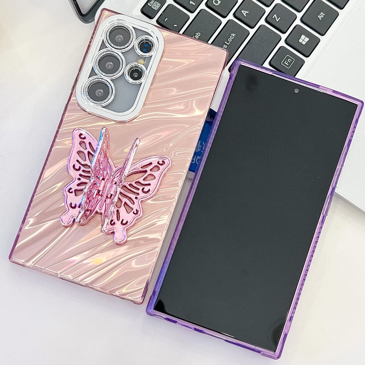 For Samsung Galaxy S25 Ultra 5G Plating Glitter Texture Butterfly Holder TPU Phone Case with Lens Film(Pink Wrinkles) by buy2fix