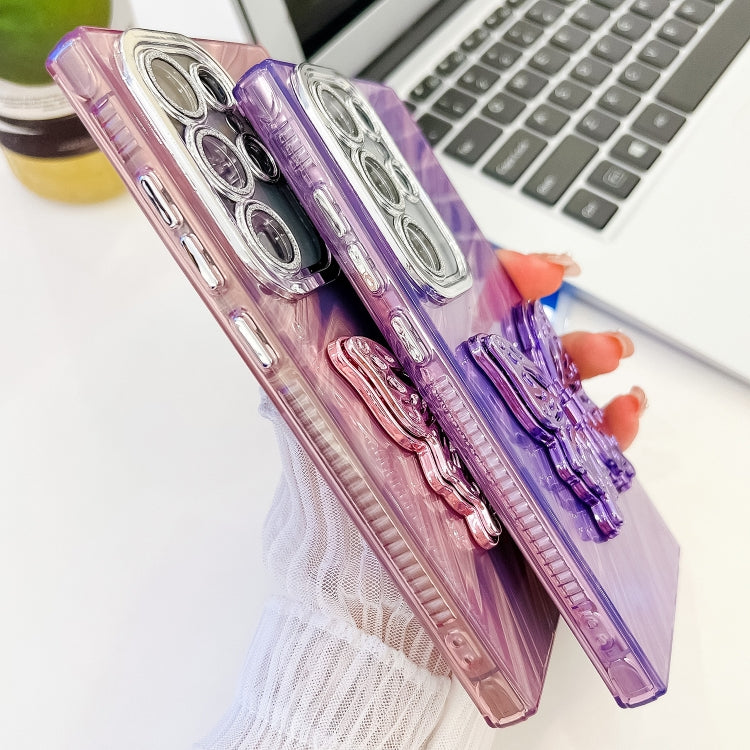 For Samsung Galaxy S25+ 5G Plating Glitter Texture Butterfly Holder TPU Phone Case with Lens Film(Purple Feathers) by buy2fix