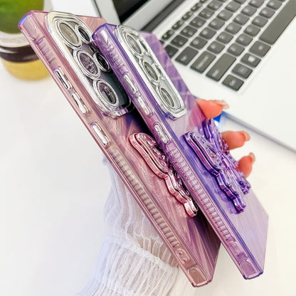 For Samsung Galaxy S25+ 5G Plating Glitter Texture Butterfly Holder TPU Phone Case with Lens Film(Purple Feathers) by buy2fix