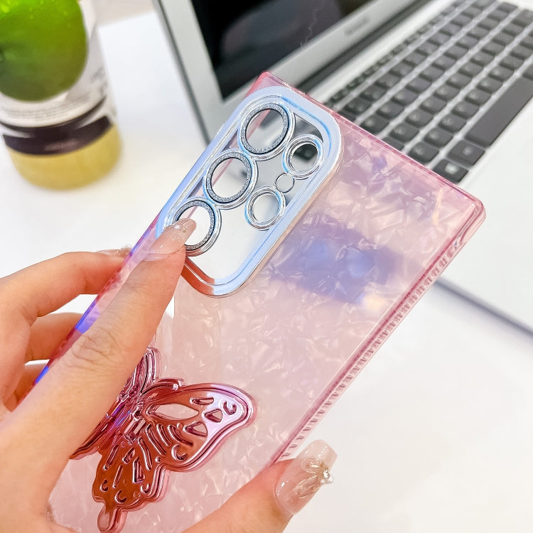 For Samsung Galaxy S25 Ultra 5G Plating Glitter Texture Butterfly Holder TPU Phone Case with Lens Film(Pink Wrinkles) by buy2fix