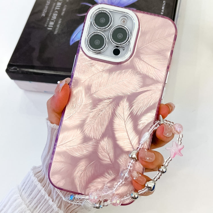 For iPhone 16 Pro Max Plating Glitter Texture Chain Wristband TPU Phone Case with Lens Film(Pink Feathers) - iPhone 16 Pro Max Cases by buy2fix | Online Shopping UK | buy2fix