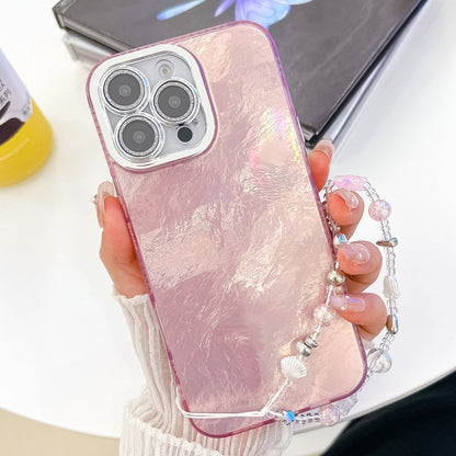 For iPhone 16 Pro Max Plating Glitter Texture Chain Wristband TPU Phone Case with Lens Film(Pink Tinfoil Texture) - iPhone 16 Pro Max Cases by buy2fix | Online Shopping UK | buy2fix