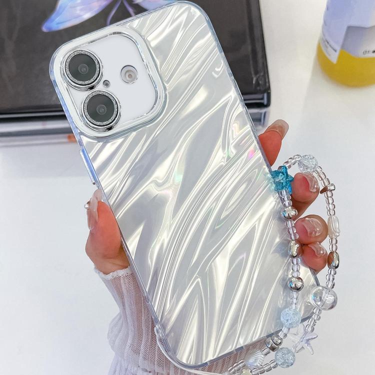 For iPhone 16 Plus Plating Glitter Texture Chain Wristband TPU Phone Case with Lens Film(White Water Ripples) by buy2fix