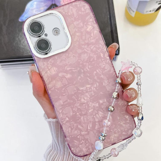 For iPhone 16 Plus Plating Glitter Texture Chain Wristband TPU Phone Case with Lens Film(Pink Shell Pattern) by buy2fix