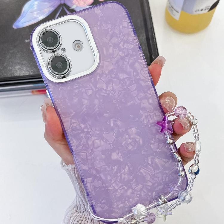 For iPhone 16 Plus Plating Glitter Texture Chain Wristband TPU Phone Case with Lens Film(Purple Shell Pattern) by buy2fix