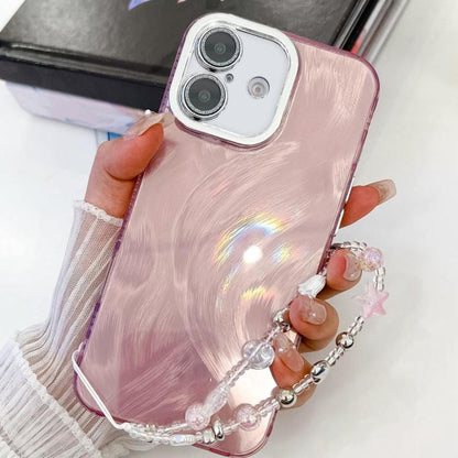 For iPhone 16 Plus Plating Glitter Texture Chain Wristband TPU Phone Case with Lens Film(Pink Feather Yarn) by buy2fix