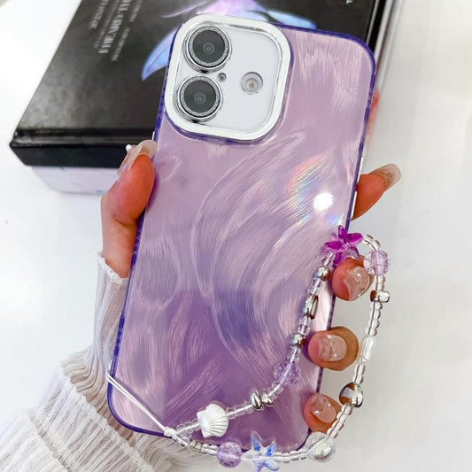 For iPhone 16 Plus Plating Glitter Texture Chain Wristband TPU Phone Case with Lens Film(Purple Feather Yarn) by buy2fix