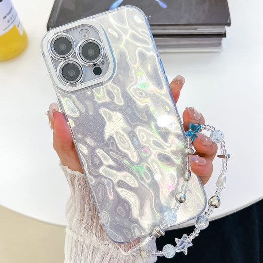 For iPhone 16 Plus Plating Glitter Texture Chain Wristband TPU Phone Case with Lens Film(White Wrinkles) - iPhone 16 Plus Cases by buy2fix | Online Shopping UK | buy2fix