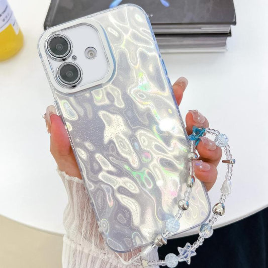 For iPhone 16 Plus Plating Glitter Texture Chain Wristband TPU Phone Case with Lens Film(White Wrinkles) by buy2fix