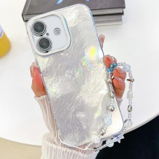 For iPhone 16 Plus Plating Glitter Texture Chain Wristband TPU Phone Case with Lens Film(White Tinfoil Texture) by buy2fix