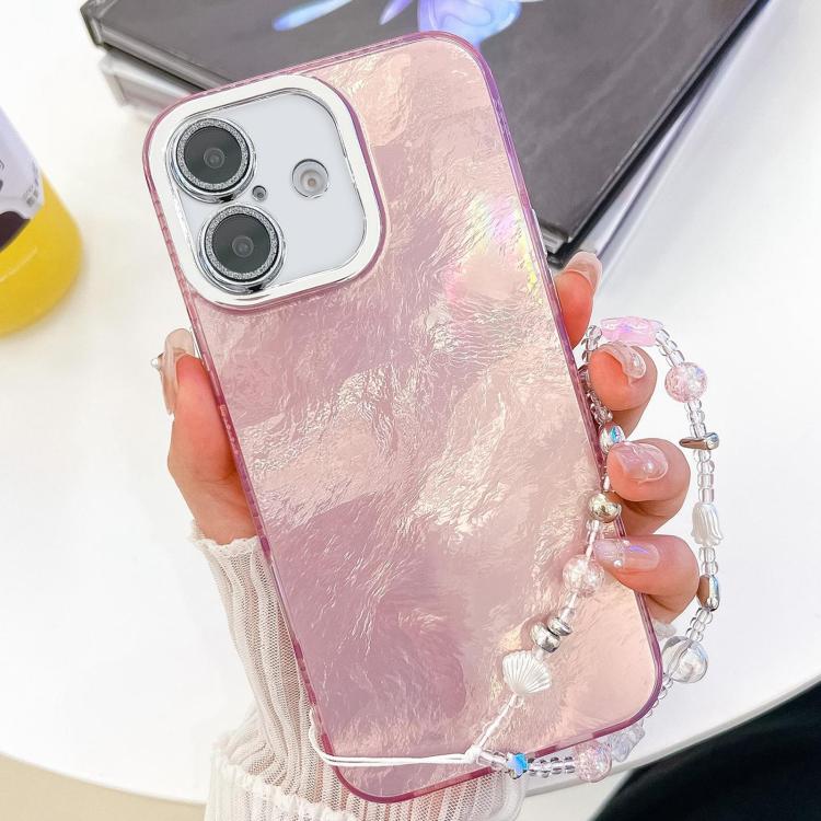 For iPhone 16 Plus Plating Glitter Texture Chain Wristband TPU Phone Case with Lens Film(Pink Tinfoil Texture) by buy2fix