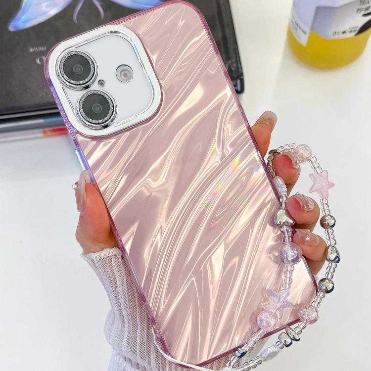 For iPhone 16 Plating Glitter Texture Chain Wristband TPU Phone Case with Lens Film(Pink Water Ripples) by buy2fix