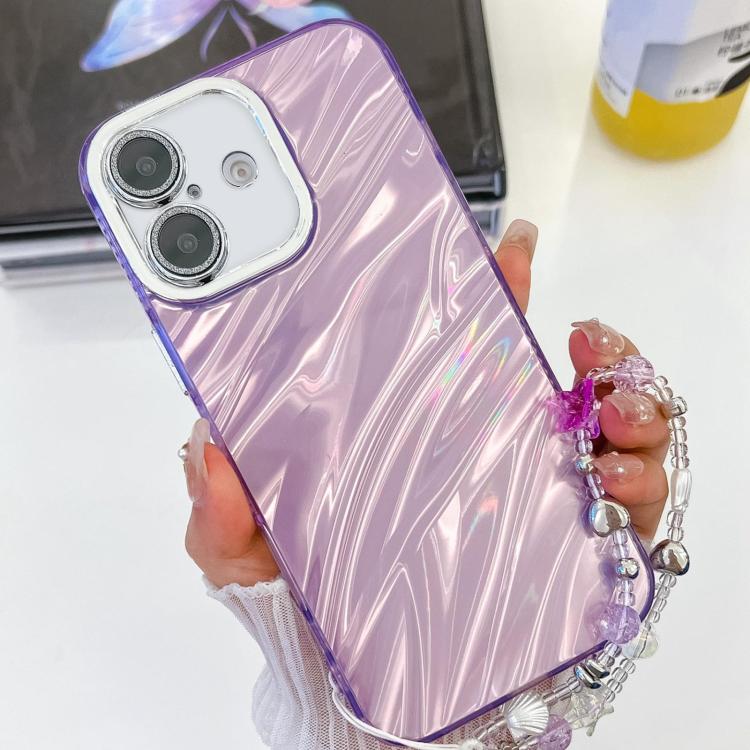 For iPhone 16 Plating Glitter Texture Chain Wristband TPU Phone Case with Lens Film(Purple Water Ripples) by buy2fix