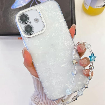 For iPhone 16 Plating Glitter Texture Chain Wristband TPU Phone Case with Lens Film(White Shell Pattern) by buy2fix