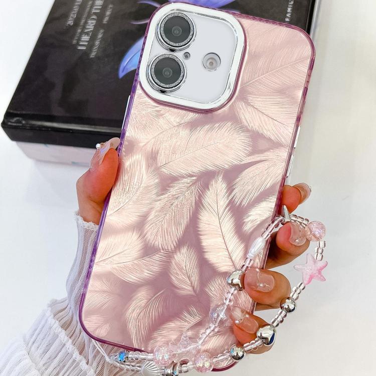 For iPhone 16 Plating Glitter Texture Chain Wristband TPU Phone Case with Lens Film(Pink Feathers) by buy2fix