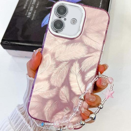For iPhone 16 Plating Glitter Texture Chain Wristband TPU Phone Case with Lens Film(Pink Feathers) by buy2fix