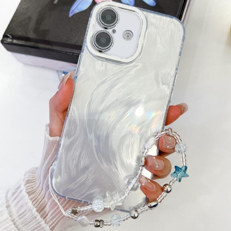 For iPhone 16 Plating Glitter Texture Chain Wristband TPU Phone Case with Lens Film(White Feather Yarn) by buy2fix