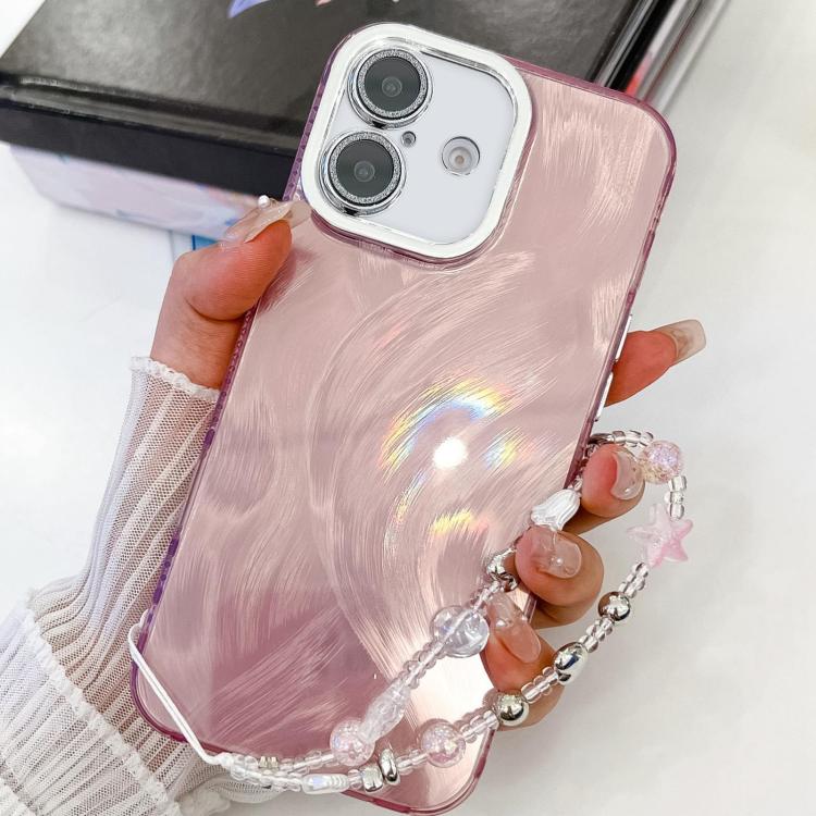 For iPhone 16 Plating Glitter Texture Chain Wristband TPU Phone Case with Lens Film(Pink Feather Yarn) by buy2fix