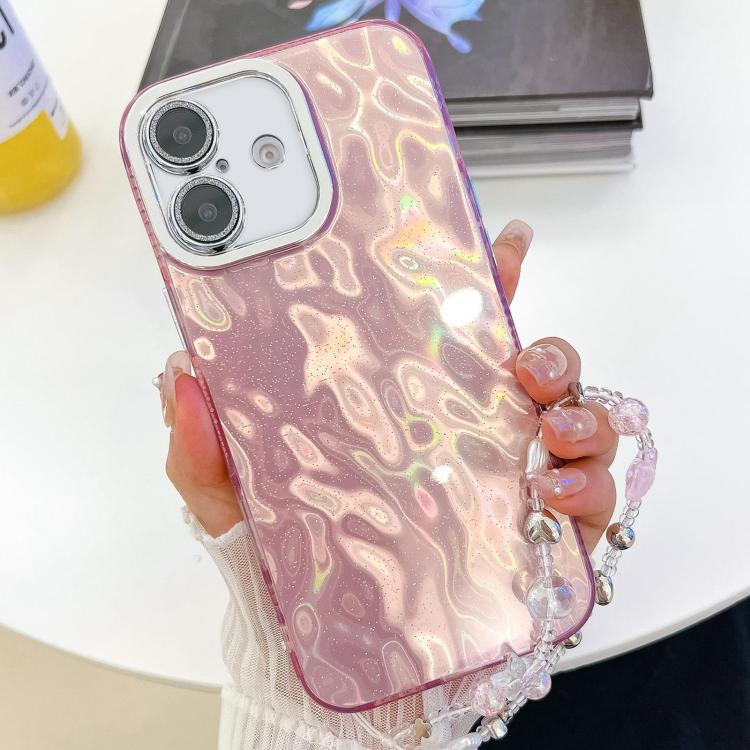 For iPhone 16 Plating Glitter Texture Chain Wristband TPU Phone Case with Lens Film(Pink Wrinkles) by buy2fix