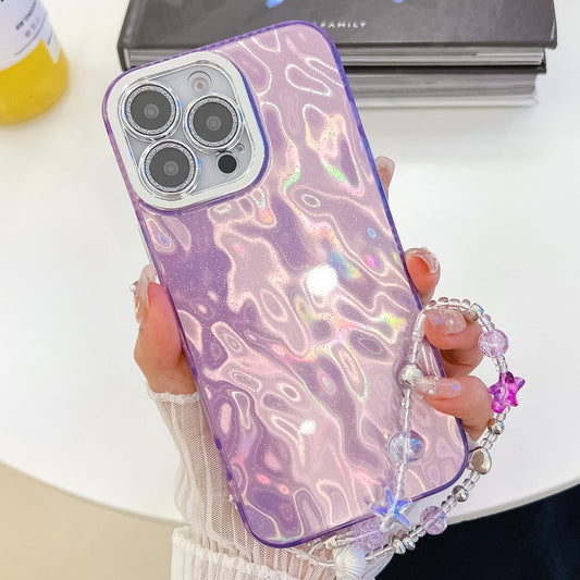 For iPhone 16 Plating Glitter Texture Chain Wristband TPU Phone Case with Lens Film(Purple Wrinkles) - iPhone 16 Cases by buy2fix | Online Shopping UK | buy2fix