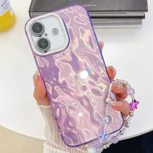 For iPhone 16 Plating Glitter Texture Chain Wristband TPU Phone Case with Lens Film(Purple Wrinkles) by buy2fix