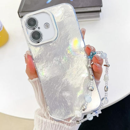 For iPhone 16 Plating Glitter Texture Chain Wristband TPU Phone Case with Lens Film(White Tinfoil Texture) by buy2fix