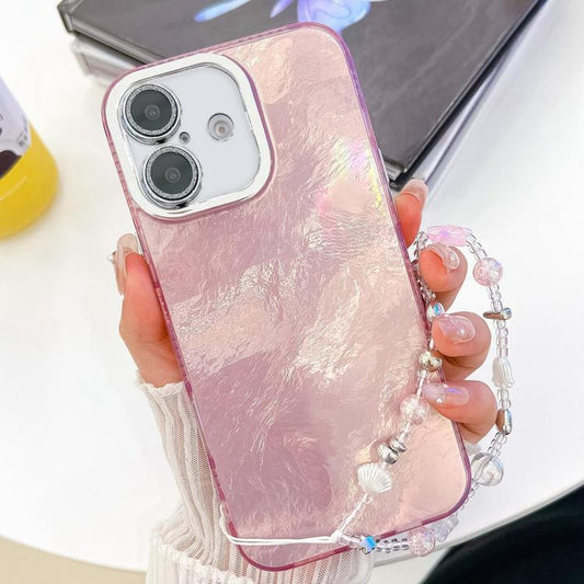 For iPhone 16 Plating Glitter Texture Chain Wristband TPU Phone Case with Lens Film(Pink Tinfoil Texture) by buy2fix
