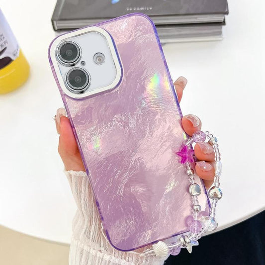For iPhone 16 Plating Glitter Texture Chain Wristband TPU Phone Case with Lens Film(Purple Tinfoil Texture) by buy2fix