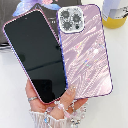 For iPhone 16 Plus Plating Glitter Texture Chain Wristband TPU Phone Case with Lens Film(Purple Water Ripples) - iPhone 16 Plus Cases by buy2fix | Online Shopping UK | buy2fix