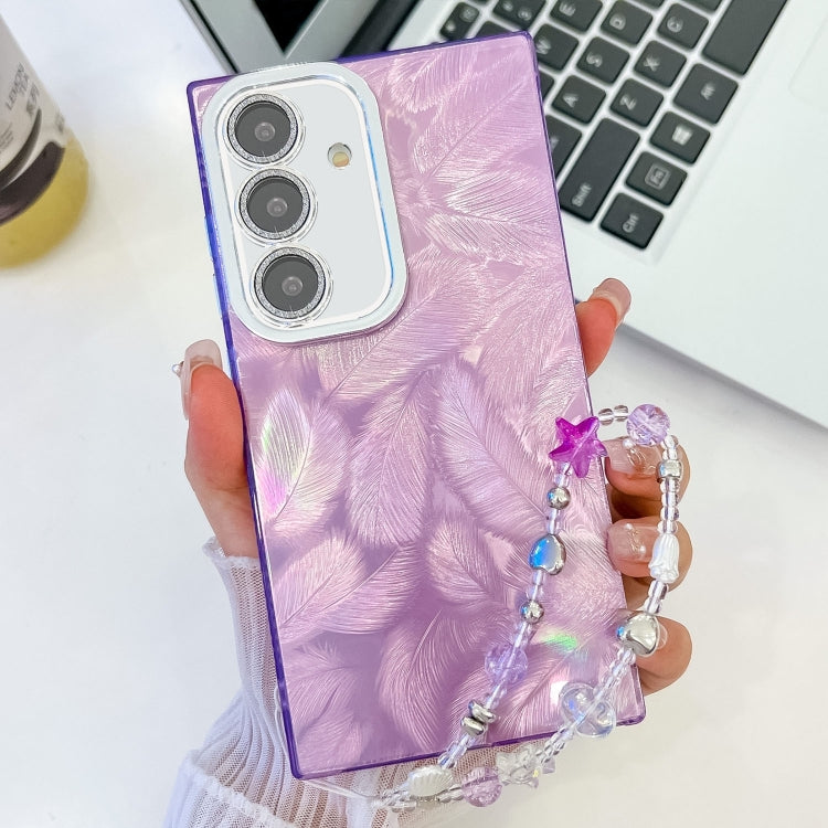 For Samsung Galaxy S25 5G Plating Glitter Texture Chain Wristband TPU Phone Case with Lens Film(Purple Feathers) - Galaxy S25 5G Cases by buy2fix | Online Shopping UK | buy2fix