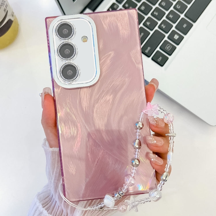 For Samsung Galaxy S25 5G Plating Glitter Texture Chain Wristband TPU Phone Case with Lens Film(Pink Feather Yarn) by buy2fix