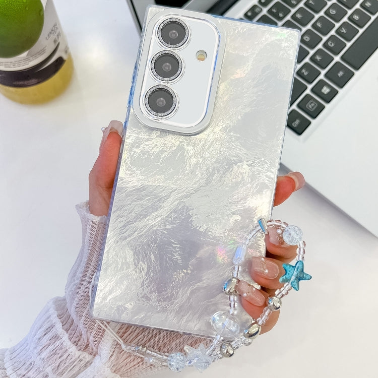 For Samsung Galaxy S25 5G Plating Glitter Texture Chain Wristband TPU Phone Case with Lens Film(White Tinfoil Texture) - Galaxy S25 5G Cases by buy2fix | Online Shopping UK | buy2fix