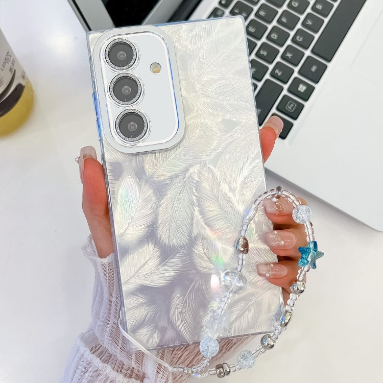 For Samsung Galaxy S25+ 5G Plating Glitter Texture Chain Wristband TPU Phone Case with Lens Film(White Feathers) by buy2fix