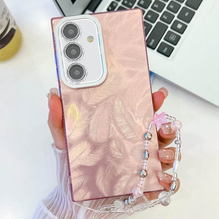 For Samsung Galaxy S25+ 5G Plating Glitter Texture Chain Wristband TPU Phone Case with Lens Film(Pink Feathers) - Galaxy S25+ 5G Cases by buy2fix | Online Shopping UK | buy2fix